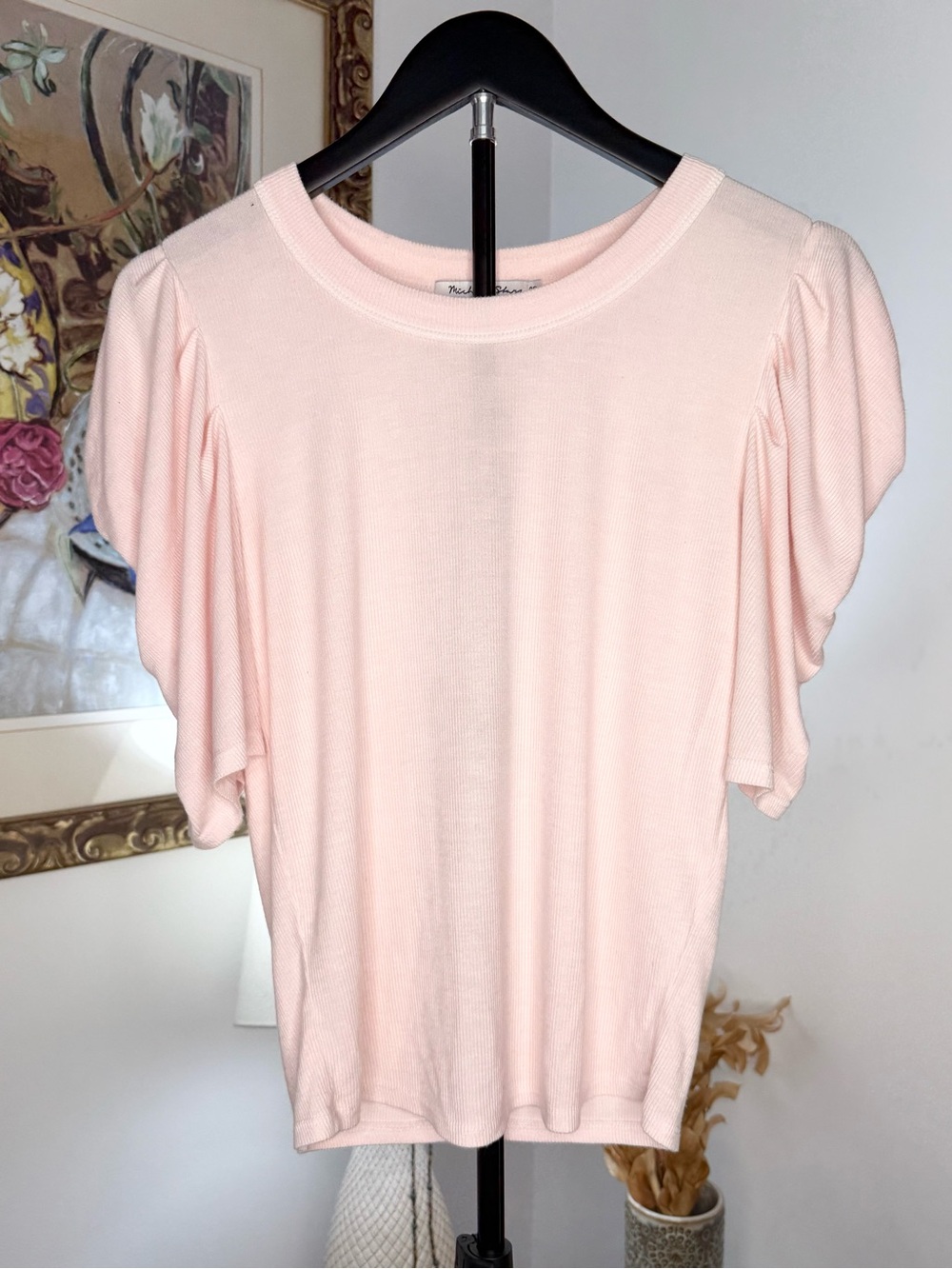 Michael Stars O/S Blush Pink Ribbed Tulip Sleeve Top Rayon Stretch Made USA